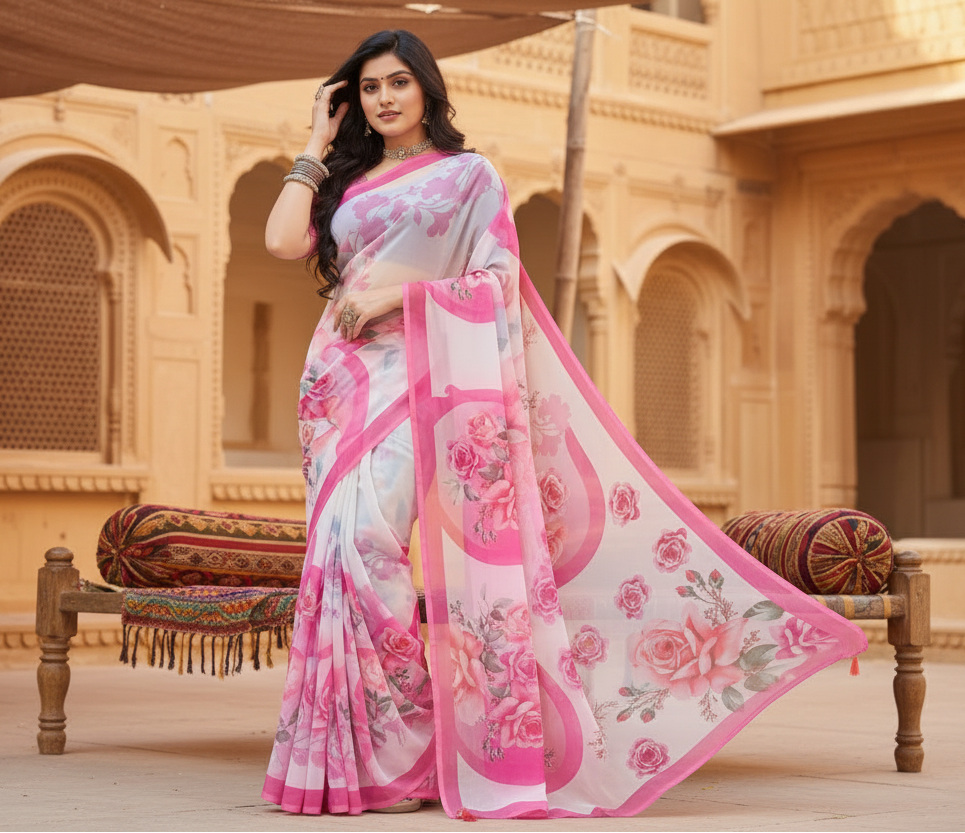 Women's Georgette Floral Printed Saree With Unstitched Blouse 5.5Mtr (Pink)