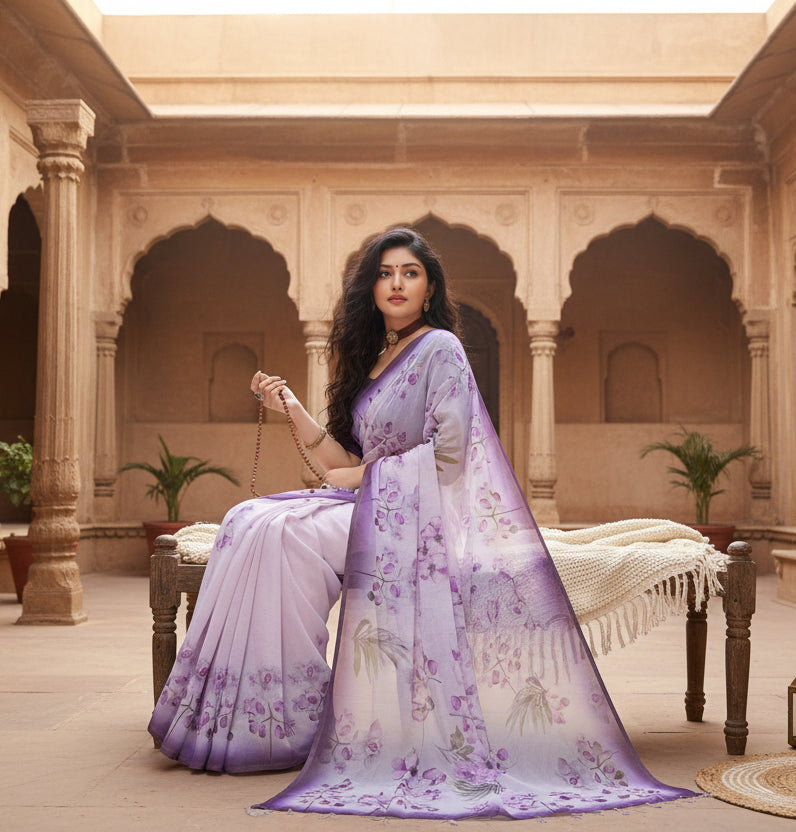 Pid 65544 women s georgette floral printed saree with unstitched blouse 5 5 mtr purple 1 1000x1000