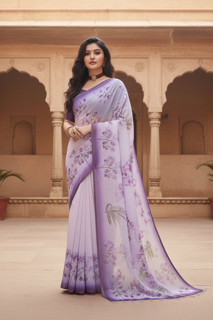Women's Georgette Floral Printed Saree With Unstitched Blouse 5.5Mtr (Purple)