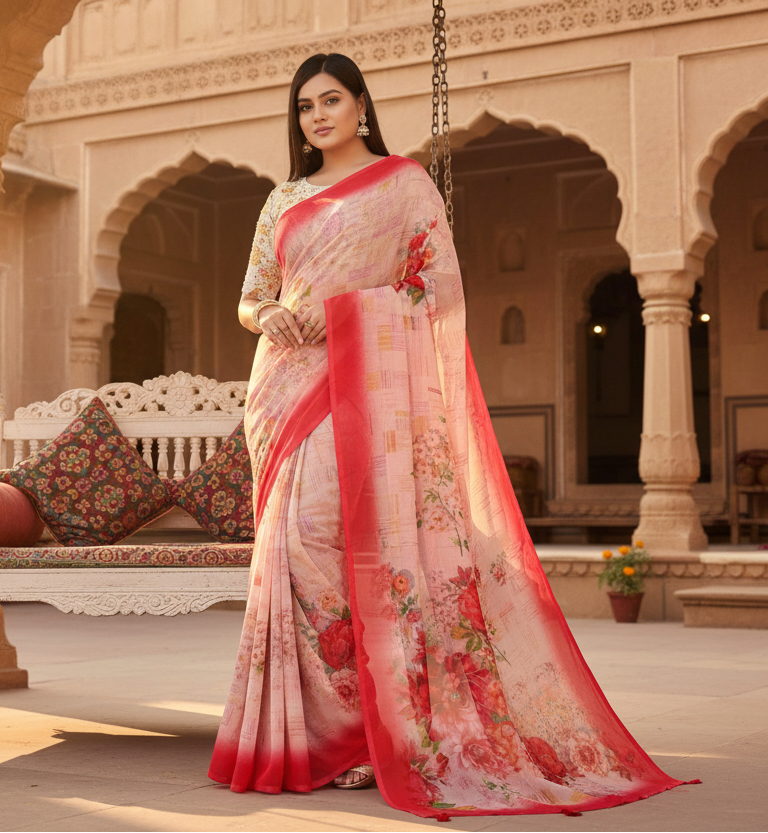 Pid 65545 women s georgette floral printed saree with unstitched blouse 5 5 mtr red 1 1000x1000
