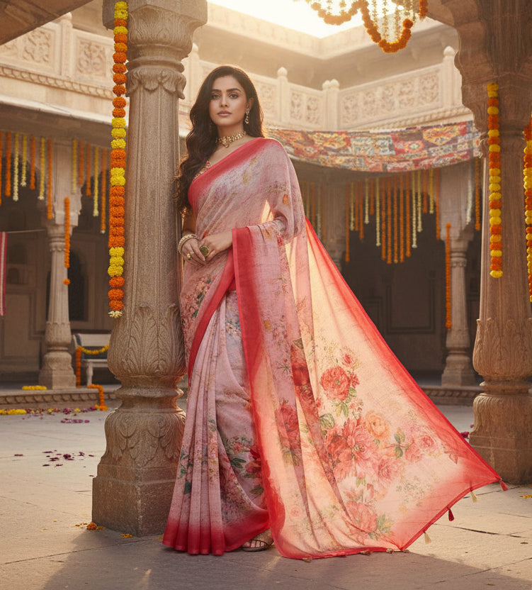Women's Georgette Floral Printed Saree With Unstitched Blouse 5.5Mtr (Red)