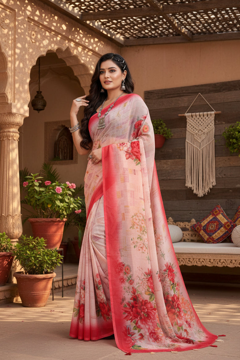 Women's Georgette Floral Printed Saree With Unstitched Blouse 5.5Mtr (Red)