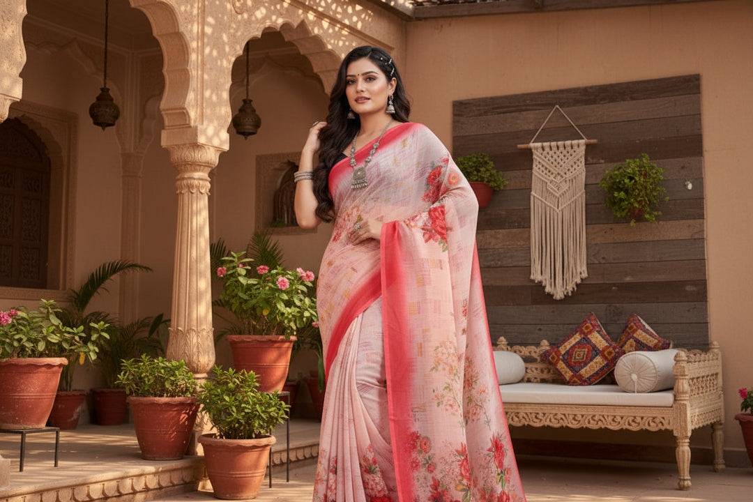 Women's Georgette Floral Printed Saree With Unstitched Blouse 5.5Mtr (Red)
