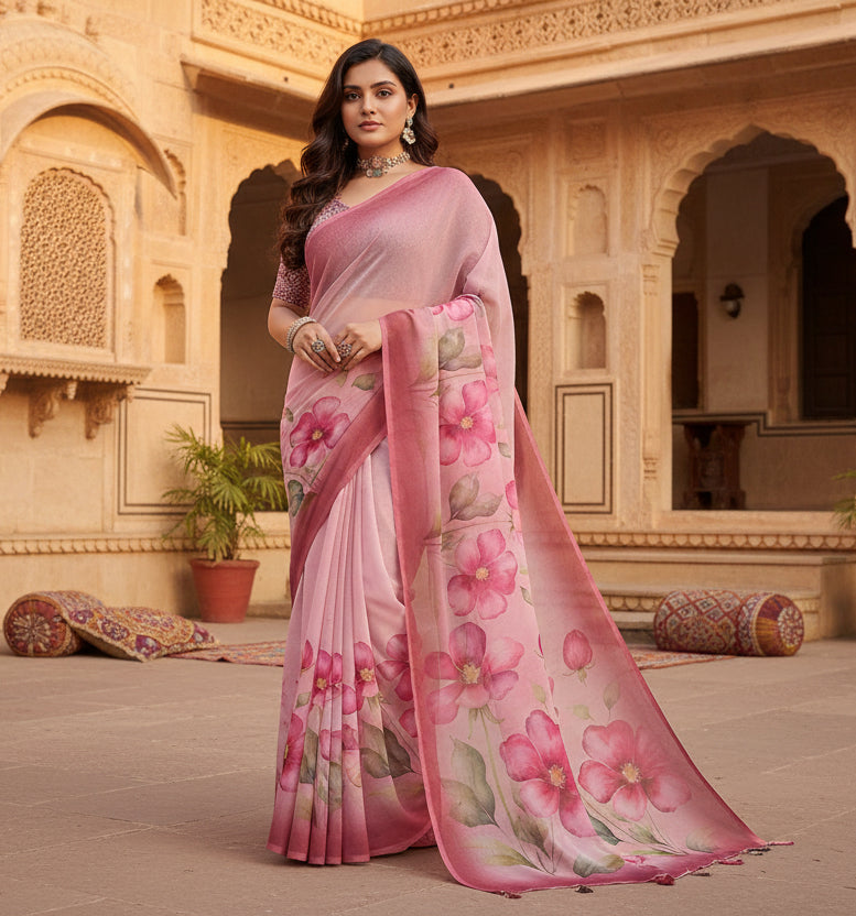 Women's Georgette Floral Printed Saree With Unstitched Blouse 5.5Mtr (Rose Pink)