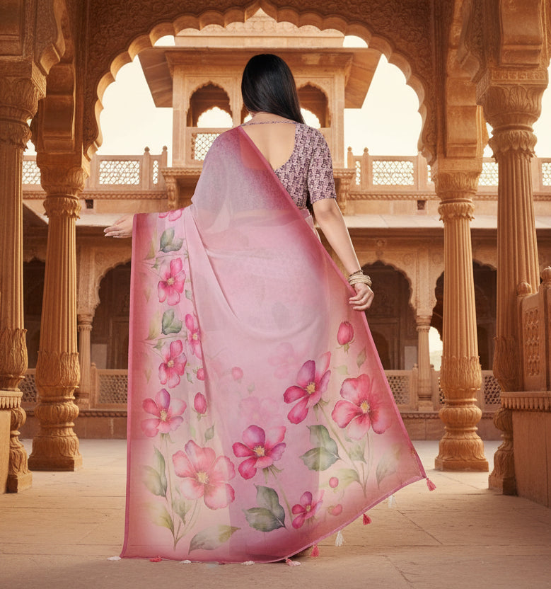 Women's Georgette Floral Printed Saree With Unstitched Blouse 5.5Mtr (Rose Pink)