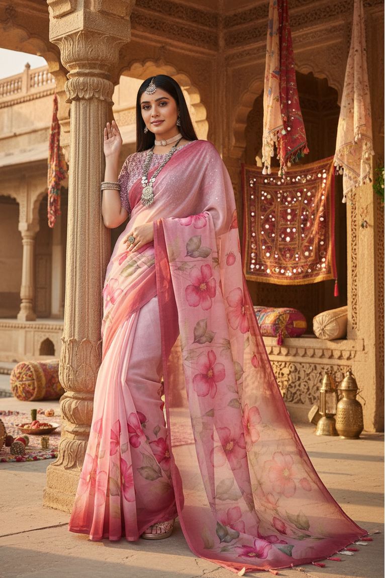 Women's Georgette Floral Printed Saree With Unstitched Blouse 5.5Mtr (Rose Pink)
