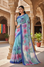 Load image into Gallery viewer, Women's Georgette Floral Printed Saree With Unstitched Blouse 5.5Mtr (Blue)
