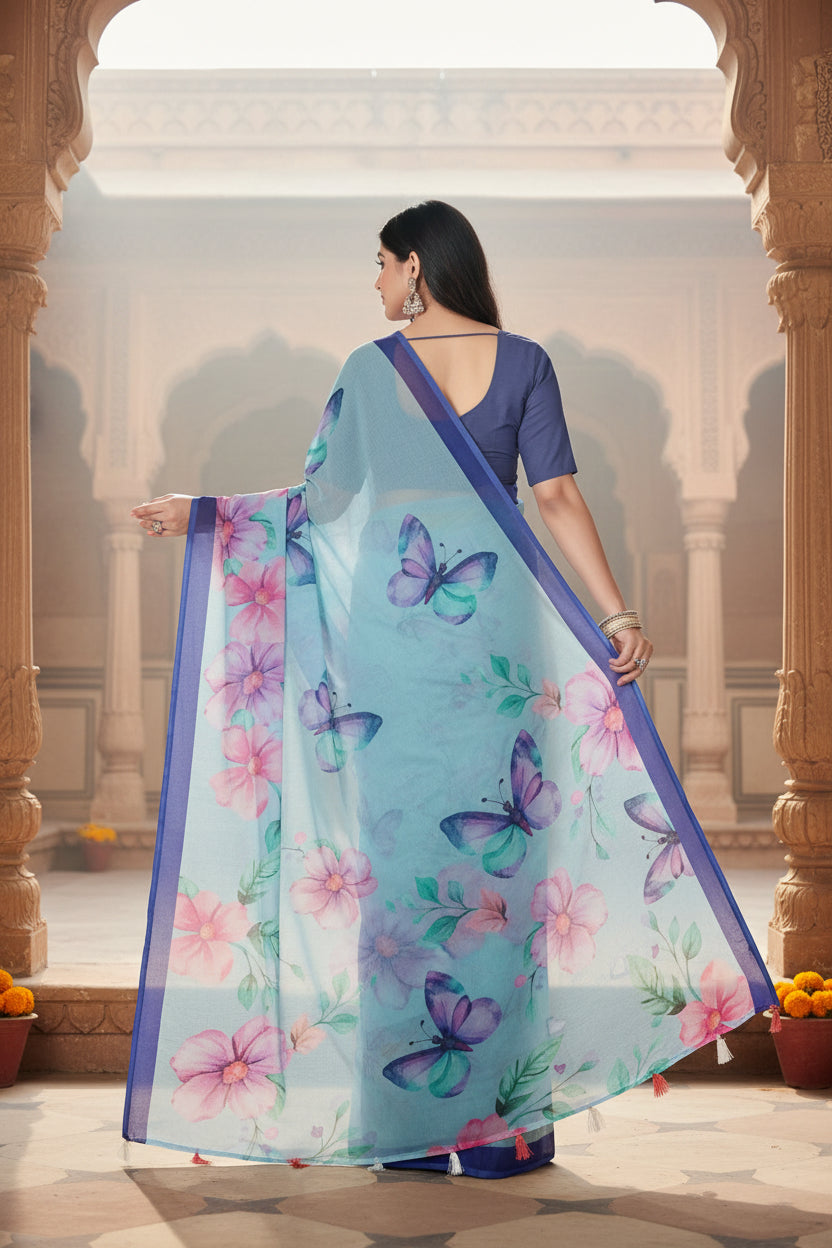 Women's Georgette Floral Printed Saree With Unstitched Blouse 5.5Mtr (Blue)