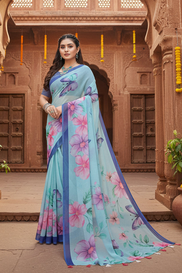 Women's Georgette Floral Printed Saree With Unstitched Blouse 5.5Mtr (Blue)