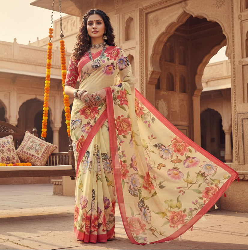 Pid 65548 women s georgette floral printed saree with unstitched blouse 5 5 mtr yellow 1 1000x1000