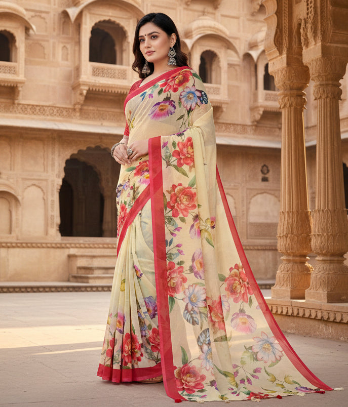 Women's Georgette Floral Printed Saree With Unstitched Blouse 5.5Mtr (Yellow)