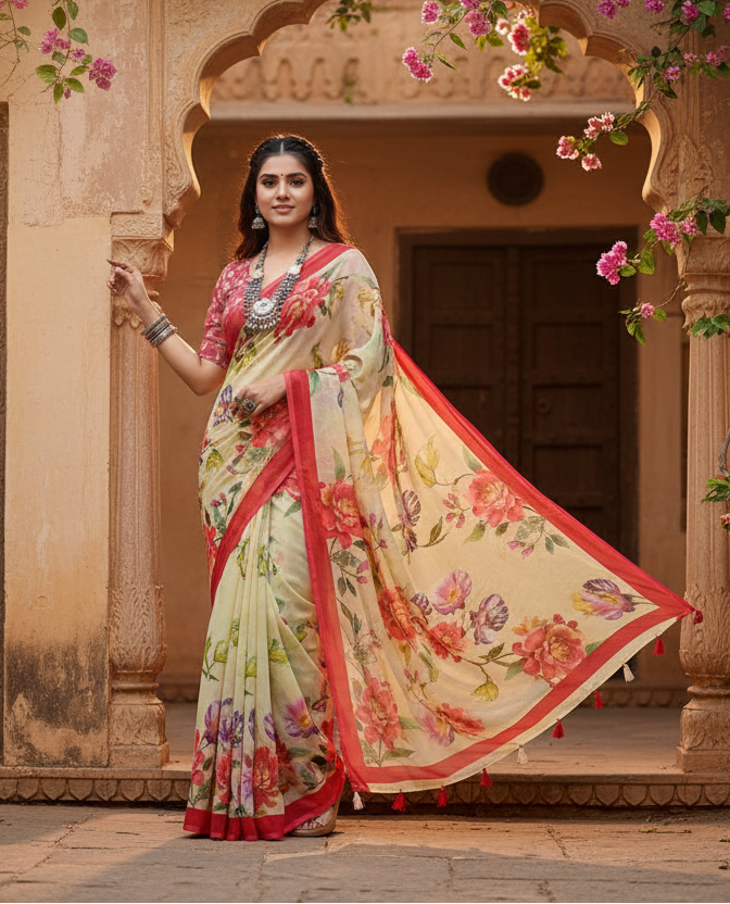 Women's Georgette Floral Printed Saree With Unstitched Blouse 5.5Mtr (Yellow)