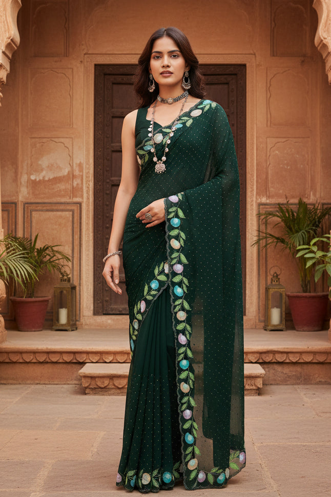 Pid 65584 women s georgette printed saree with unstitched blouse 5 5 mtr green 1 1000x1000