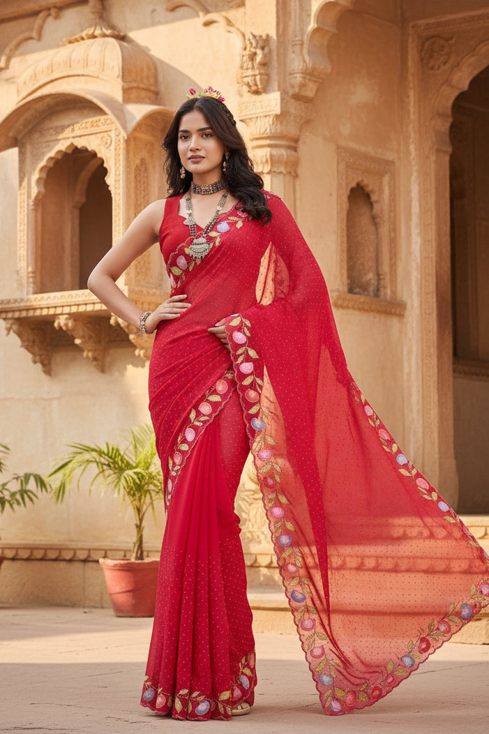 Women's Georgette Printed Saree With Unstitched Blouse 5.5Mtr (Red)