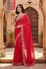 Load image into Gallery viewer, Women's Georgette Printed Saree With Unstitched Blouse 5.5Mtr (Red)
