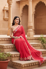 Load image into Gallery viewer, Women's Georgette Printed Saree With Unstitched Blouse 5.5Mtr (Red)

