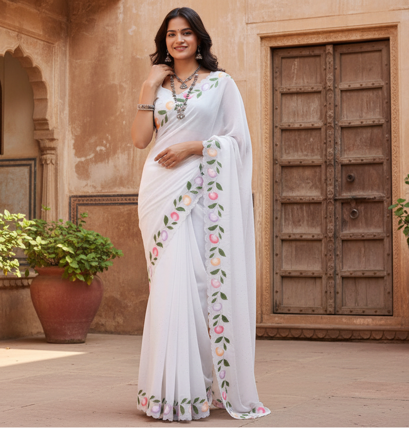 Women's Georgette Printed Saree With Unstitched Blouse 5.5Mtr (White)