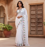 Load image into Gallery viewer, Women's Georgette Printed Saree With Unstitched Blouse 5.5Mtr (White)
