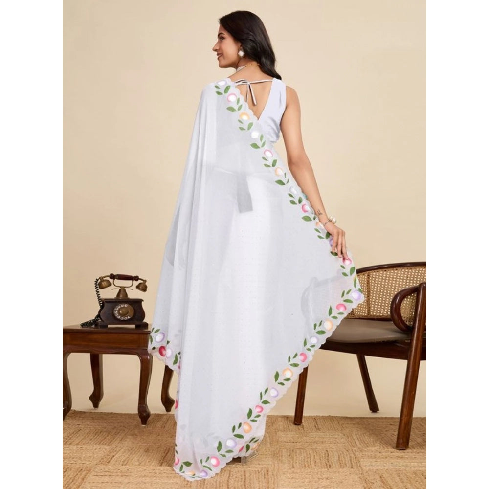 Women's Georgette Printed Saree With Unstitched Blouse 5.5Mtr (White)