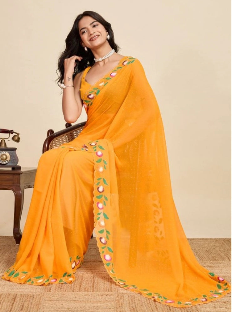 Women's Georgette Printed Saree With Unstitched Blouse 5.5Mtr (Yellow)