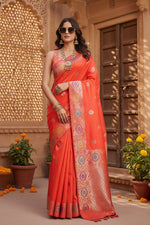 Load image into Gallery viewer, Women's Faux_Banarasi_Silk Woven Saree With Unstitched Blouse 5.5Mtr (Coral)
