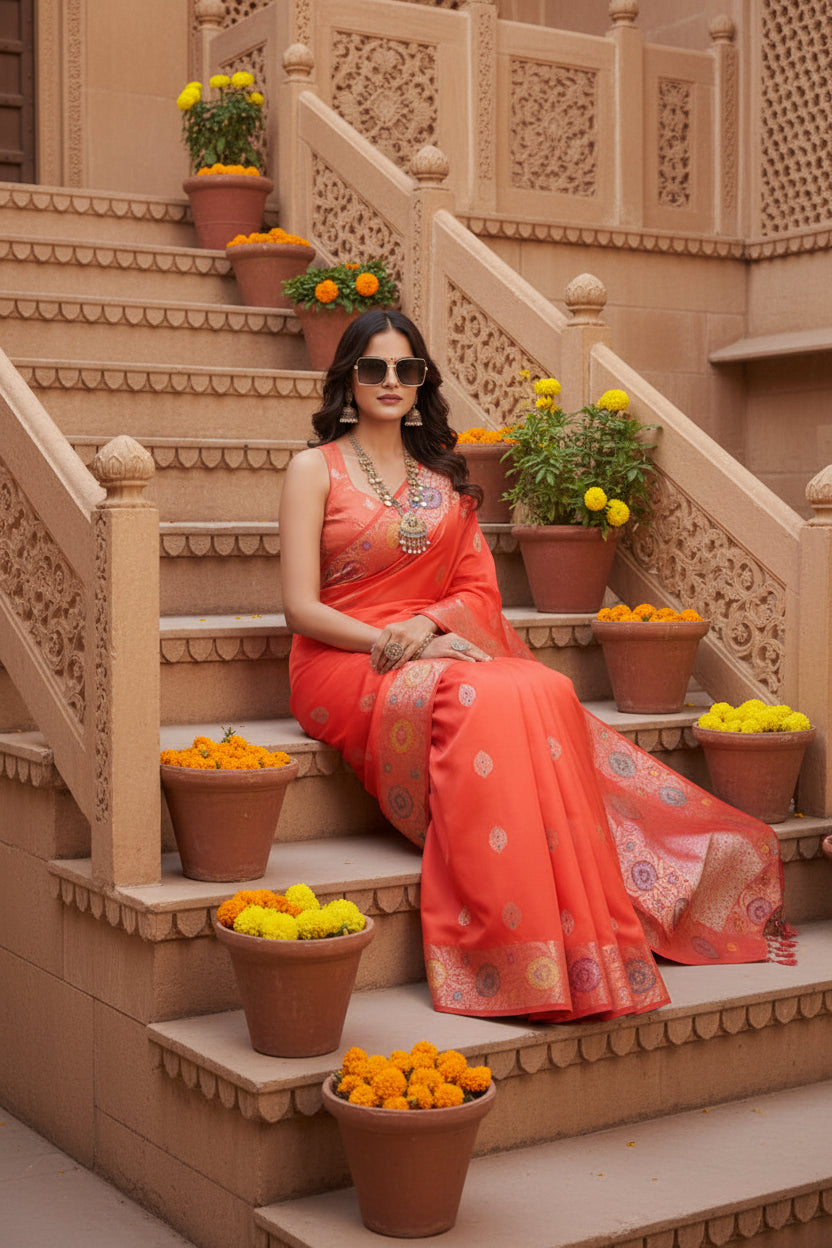 Women's Faux_Banarasi_Silk Woven Saree With Unstitched Blouse 5.5Mtr (Coral)