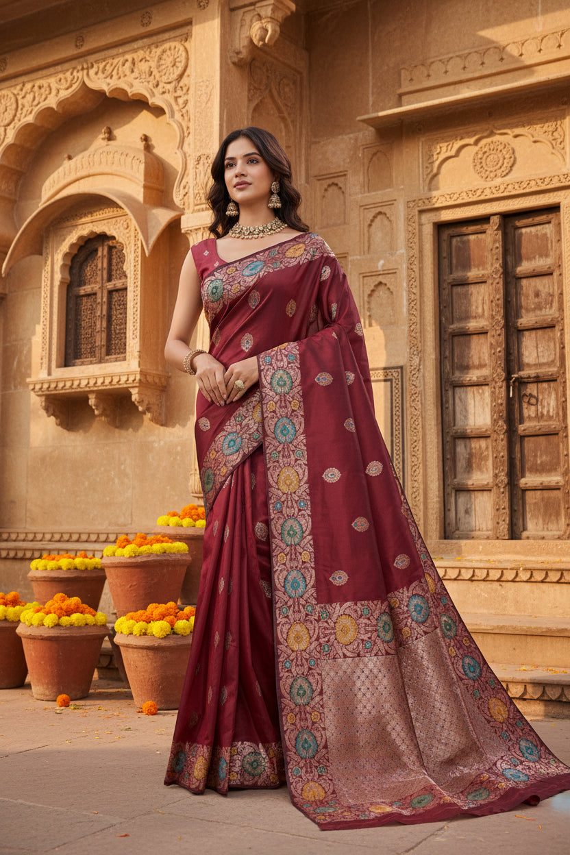 Women's Faux_Banarasi_Silk Woven Saree With Unstitched Blouse 5.5Mtr (Maroon)