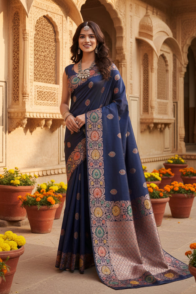 Women's Faux_Banarasi_Silk Woven Saree With Unstitched Blouse 5.5Mtr (Navy_Blue)