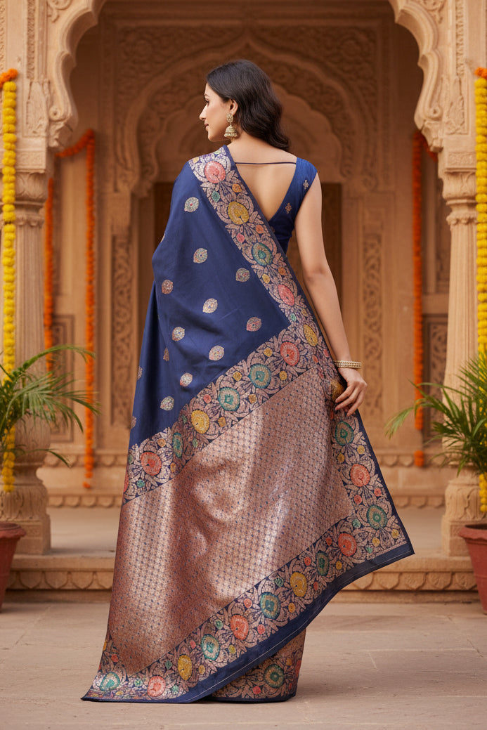 Women's Faux_Banarasi_Silk Woven Saree With Unstitched Blouse 5.5Mtr (Navy_Blue)