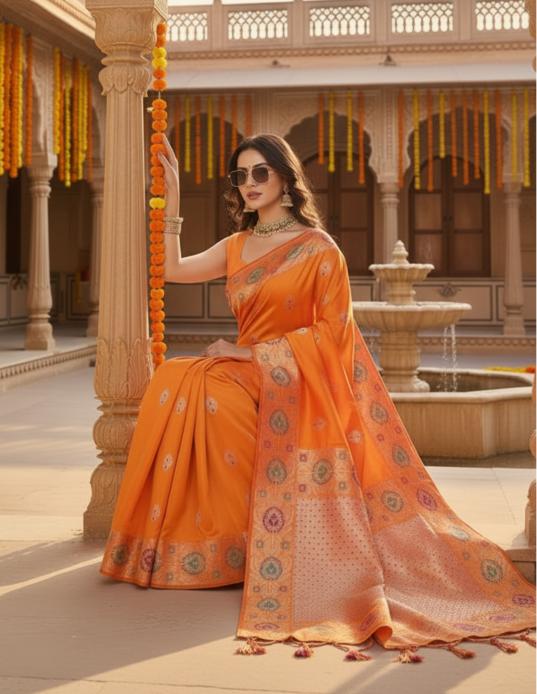 Women's Faux_Banarasi_Silk Woven Saree With Unstitched Blouse 5.5Mtr (Orange)