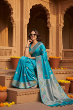 Load image into Gallery viewer, Women's Faux_Banarasi_Silk Woven Saree With Unstitched Blouse 5.5Mtr (Turquoise)
