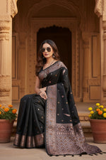 Load image into Gallery viewer, Women's Jacquard Woven Saree With Unstitched Blouse 5.5Mtr (Black)
