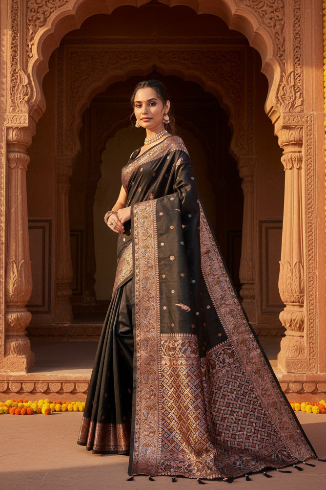 Women's Jacquard Woven Saree With Unstitched Blouse 5.5Mtr (Black)