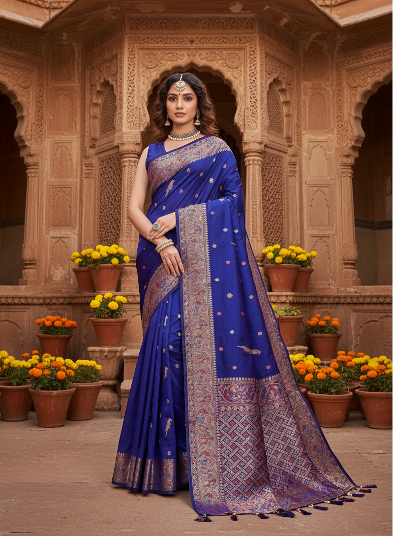 Women's Jacquard Woven Saree With Unstitched Blouse 5.5Mtr (Blue)