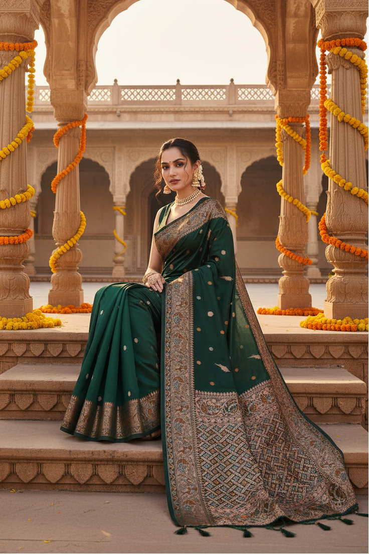 Women's Jacquard Woven Saree With Unstitched Blouse 5.5Mtr (Green)