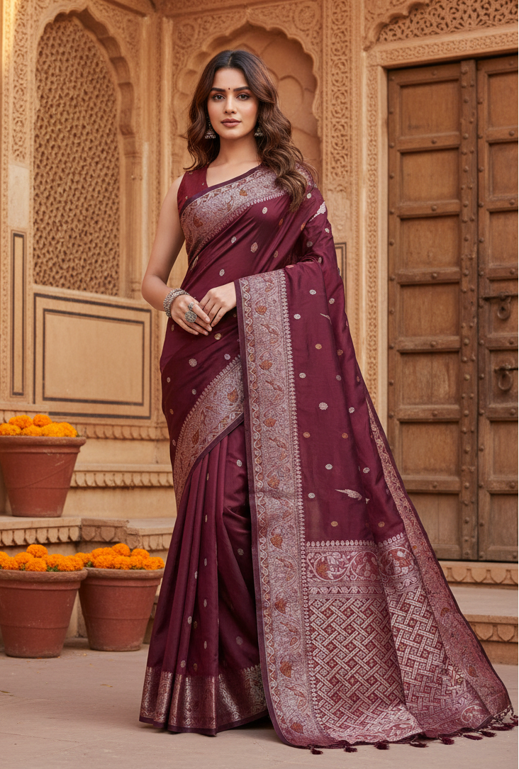 Women's Jacquard Woven Saree With Unstitched Blouse 5.5Mtr (Maroon)