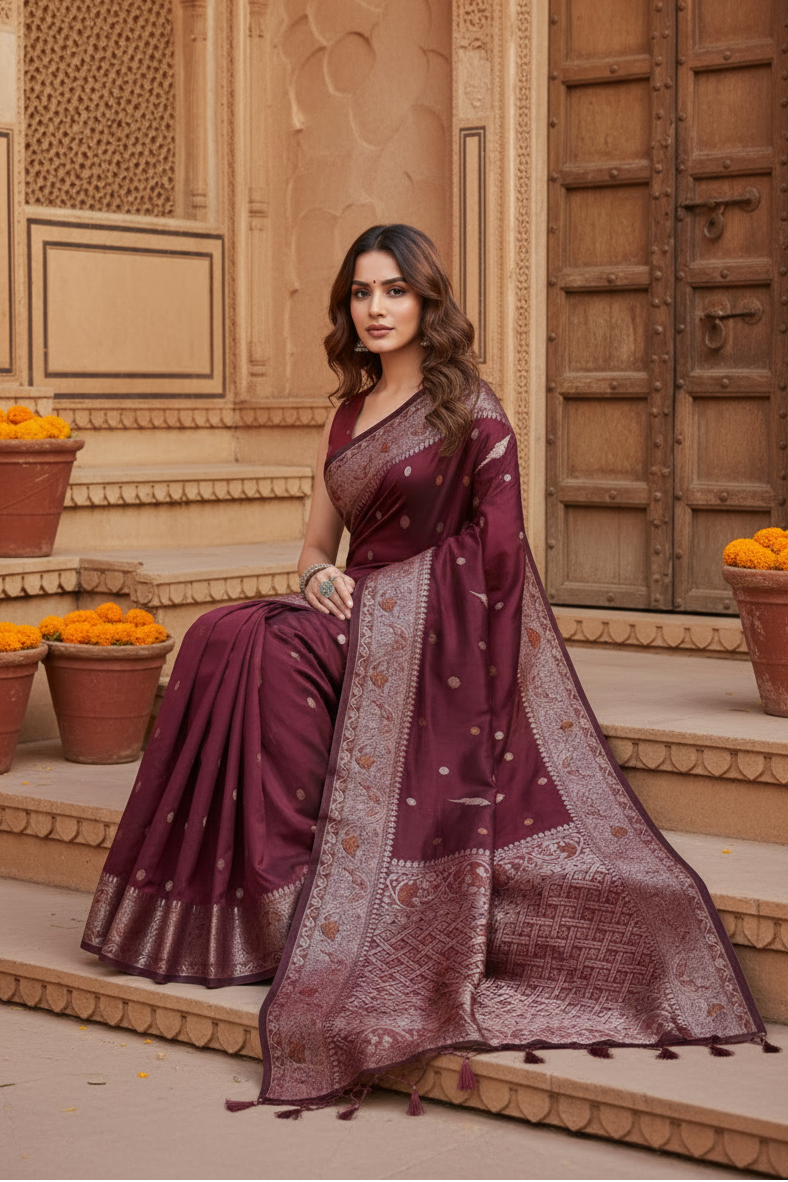 Women's Jacquard Woven Saree With Unstitched Blouse 5.5Mtr (Maroon)