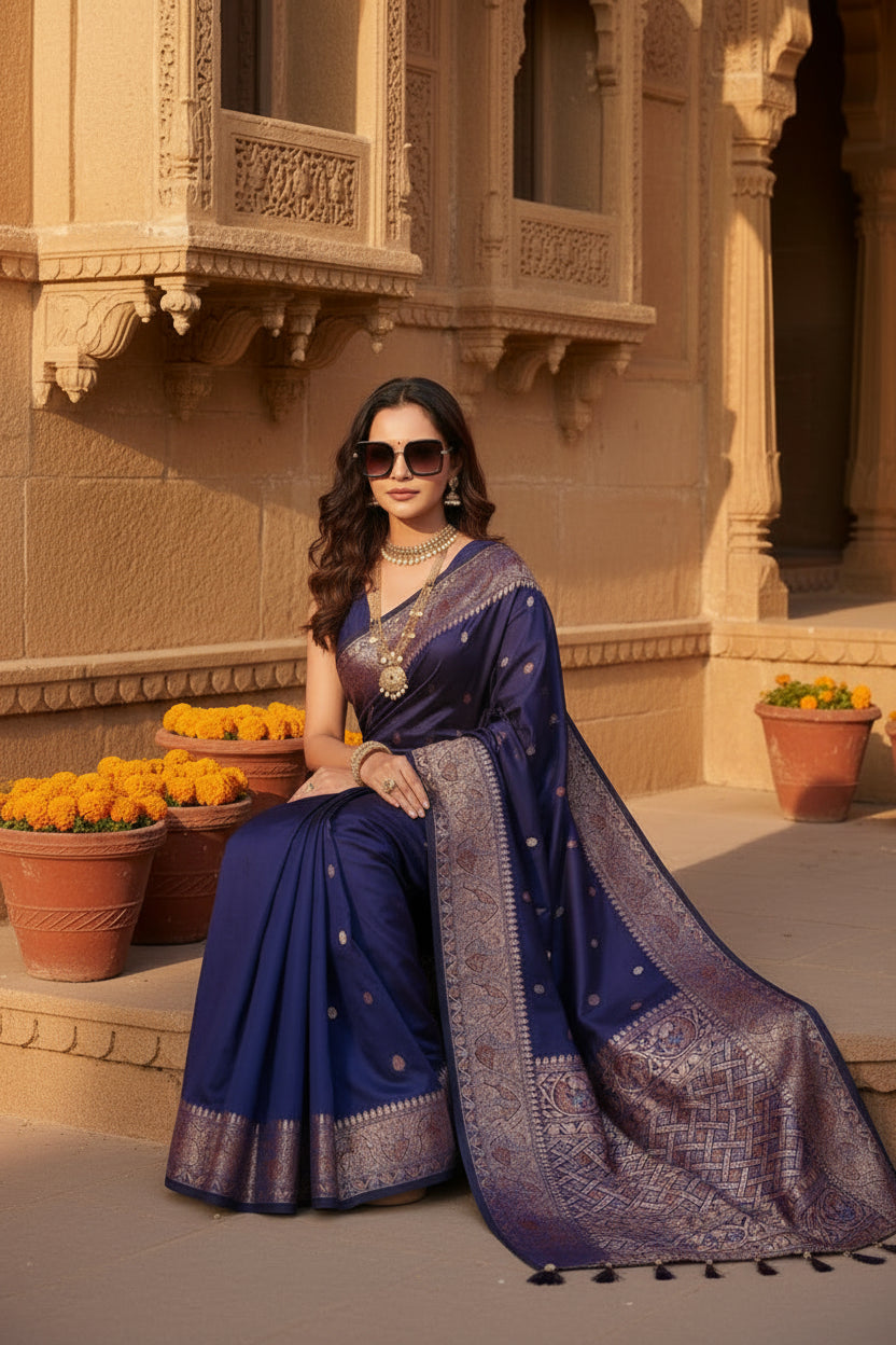 Women's Jacquard Woven Saree With Unstitched Blouse 5.5Mtr (Navy)