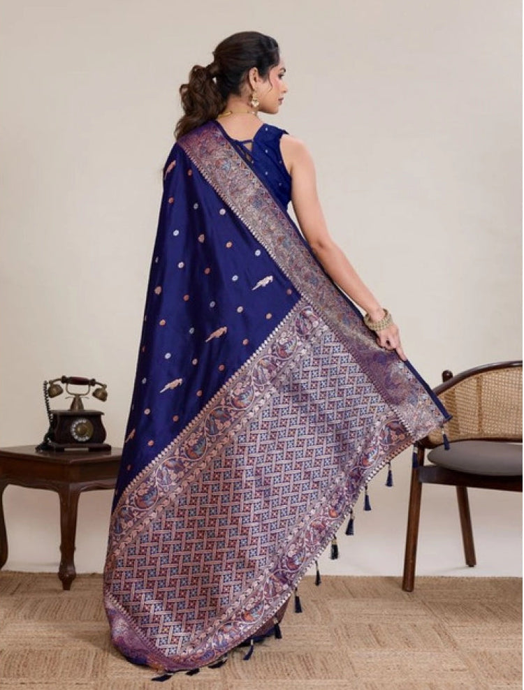 Women's Jacquard Woven Saree With Unstitched Blouse 5.5Mtr (Navy)