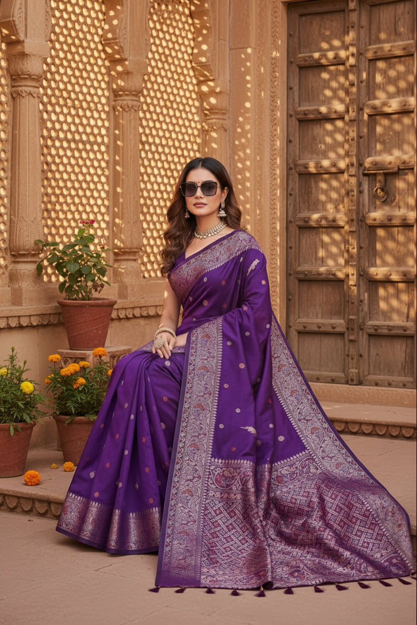 Women's Jacquard Woven Saree With Unstitched Blouse 5.5Mtr (Purple)