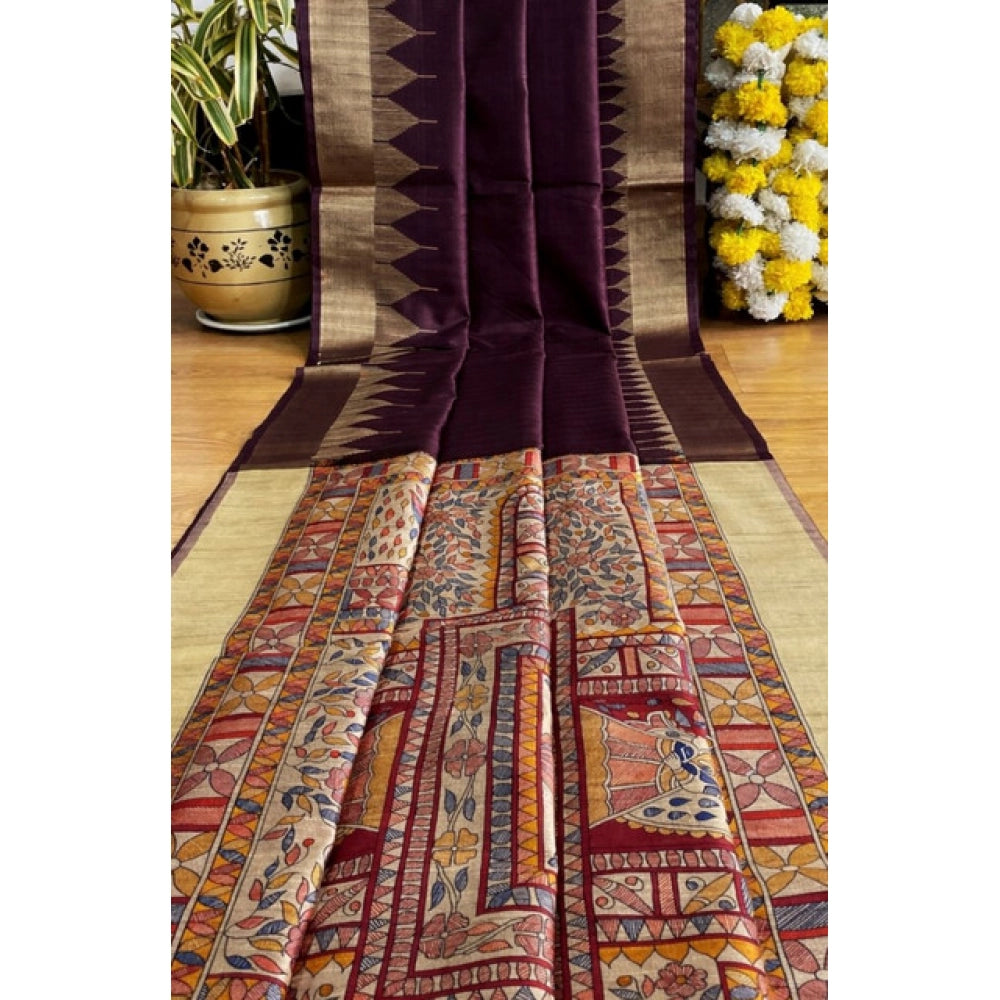 Women's tussar silk madhubani saree with unstitched blouse 5
