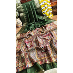 Load image into Gallery viewer, Women's Tussar Silk Madhubani Saree With Unstitched Blouse 5.5Mtr (Green)
