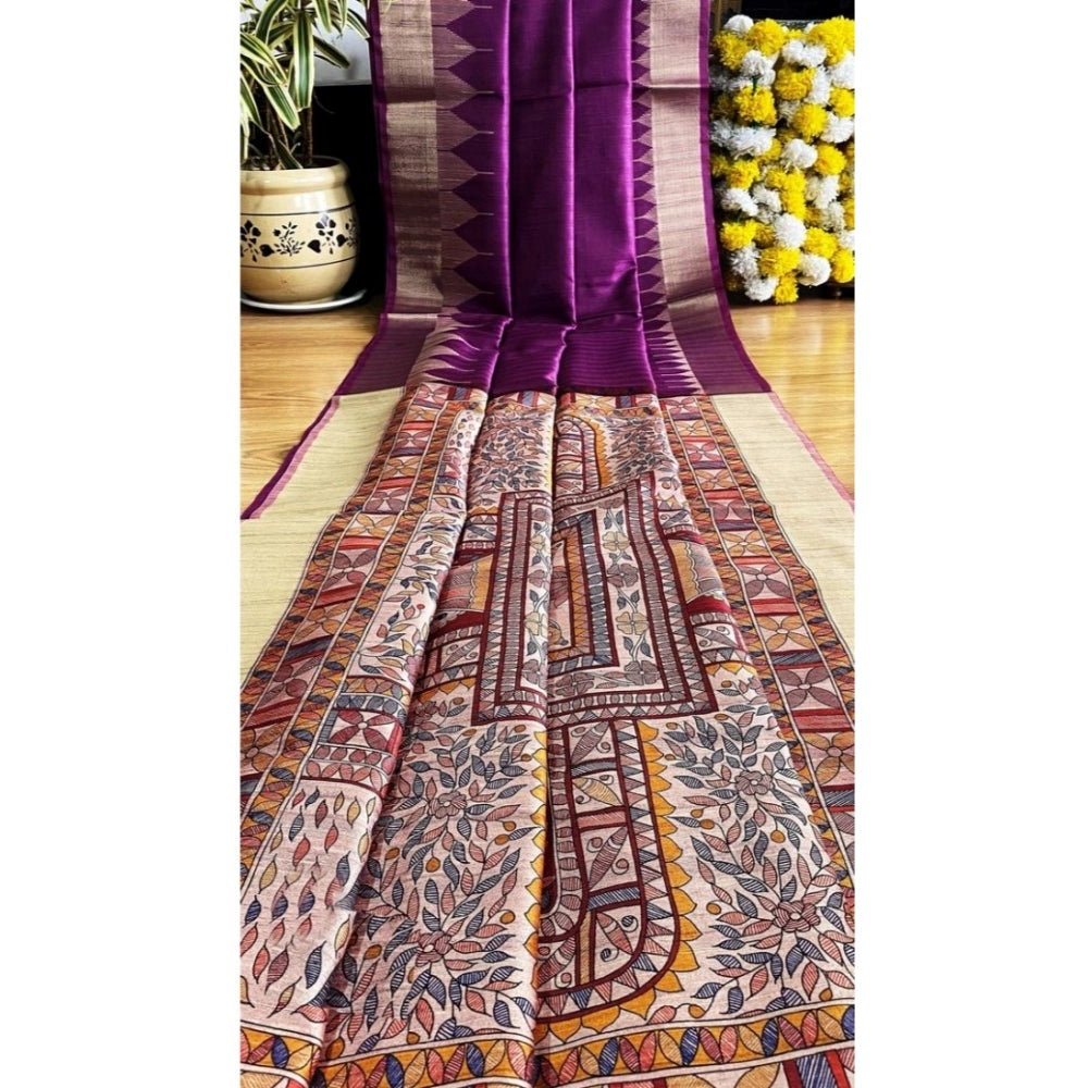 Women's tussar silk madhubani saree with unstitched blouse 5
