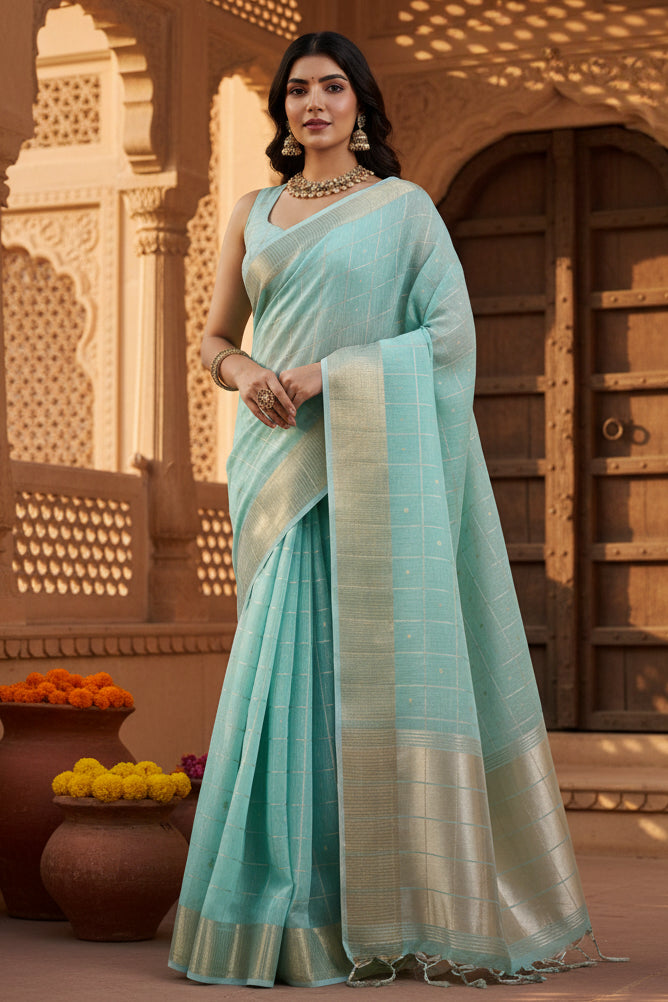 Women's tissue checks_with_buttis saree with unstitched blouse 5