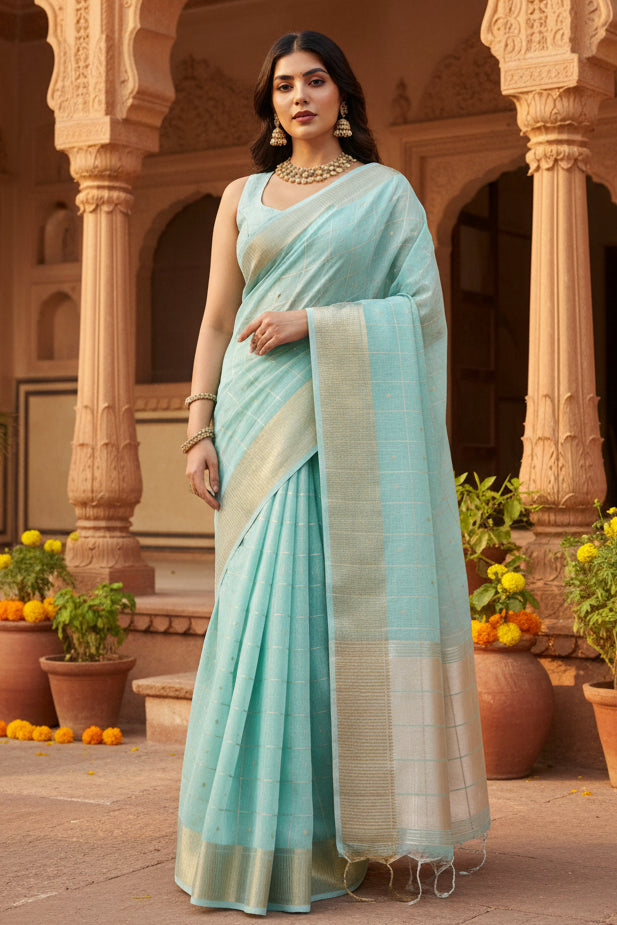 Women's Tissue Checks_With_Buttis Saree With Unstitched Blouse 5.5Mtr (Aqua_Blue)