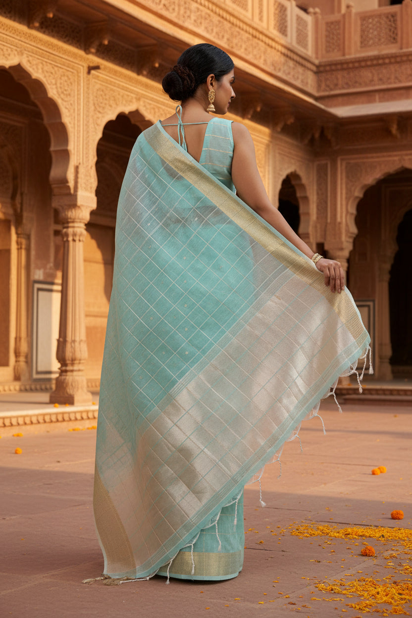 Women's Tissue Checks_With_Buttis Saree With Unstitched Blouse 5.5Mtr (Aqua_Blue)