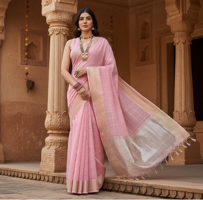 Women's tissue checks_with_buttis saree with unstitched blouse 5