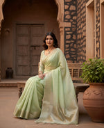 Load image into Gallery viewer, Women's Tissue Checks_With_Buttis Saree With Unstitched Blouse 5.5Mtr (Light_Green)
