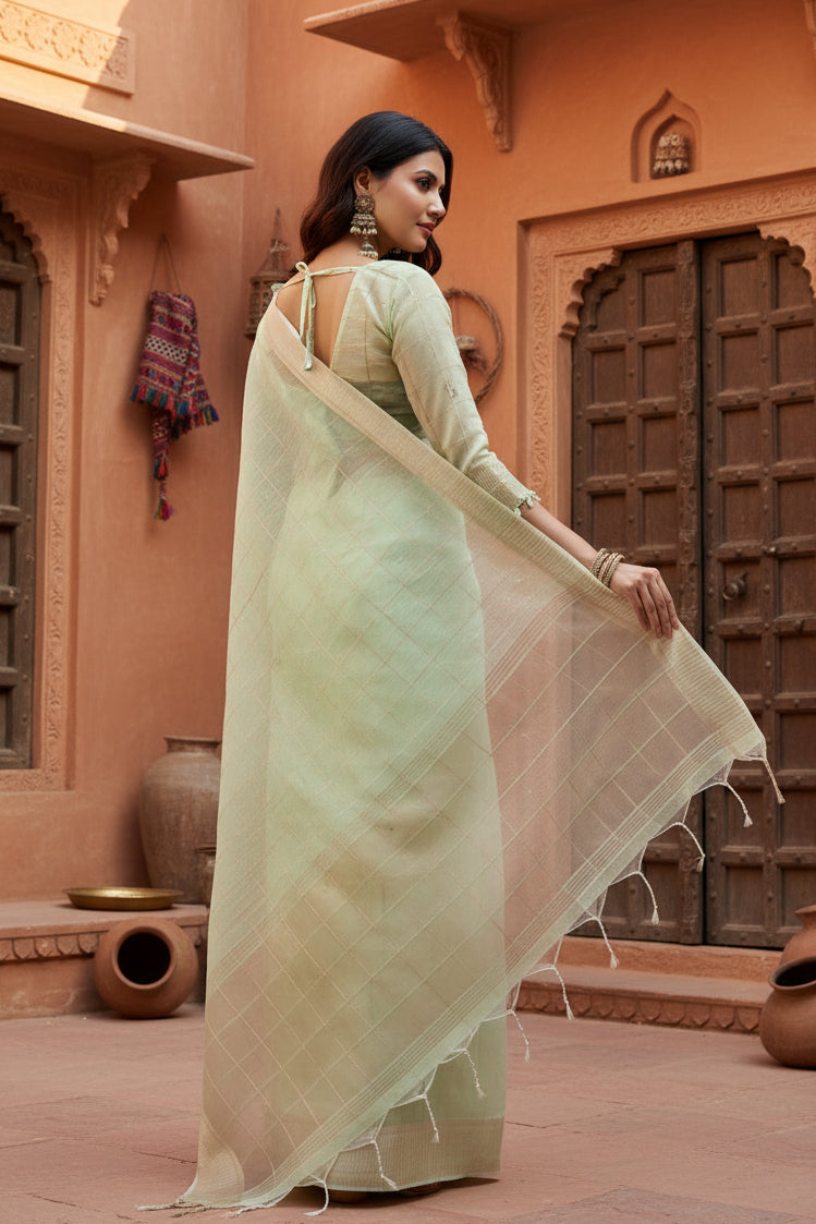 Women's Tissue Checks_With_Buttis Saree With Unstitched Blouse 5.5Mtr (Light_Green)