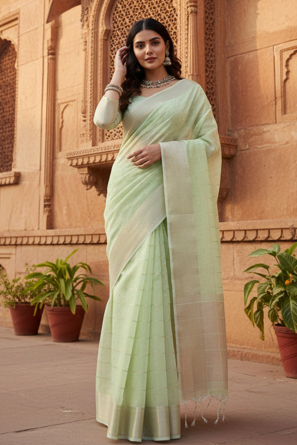 Women's Tissue Checks_With_Buttis Saree With Unstitched Blouse 5.5Mtr (Light_Green)